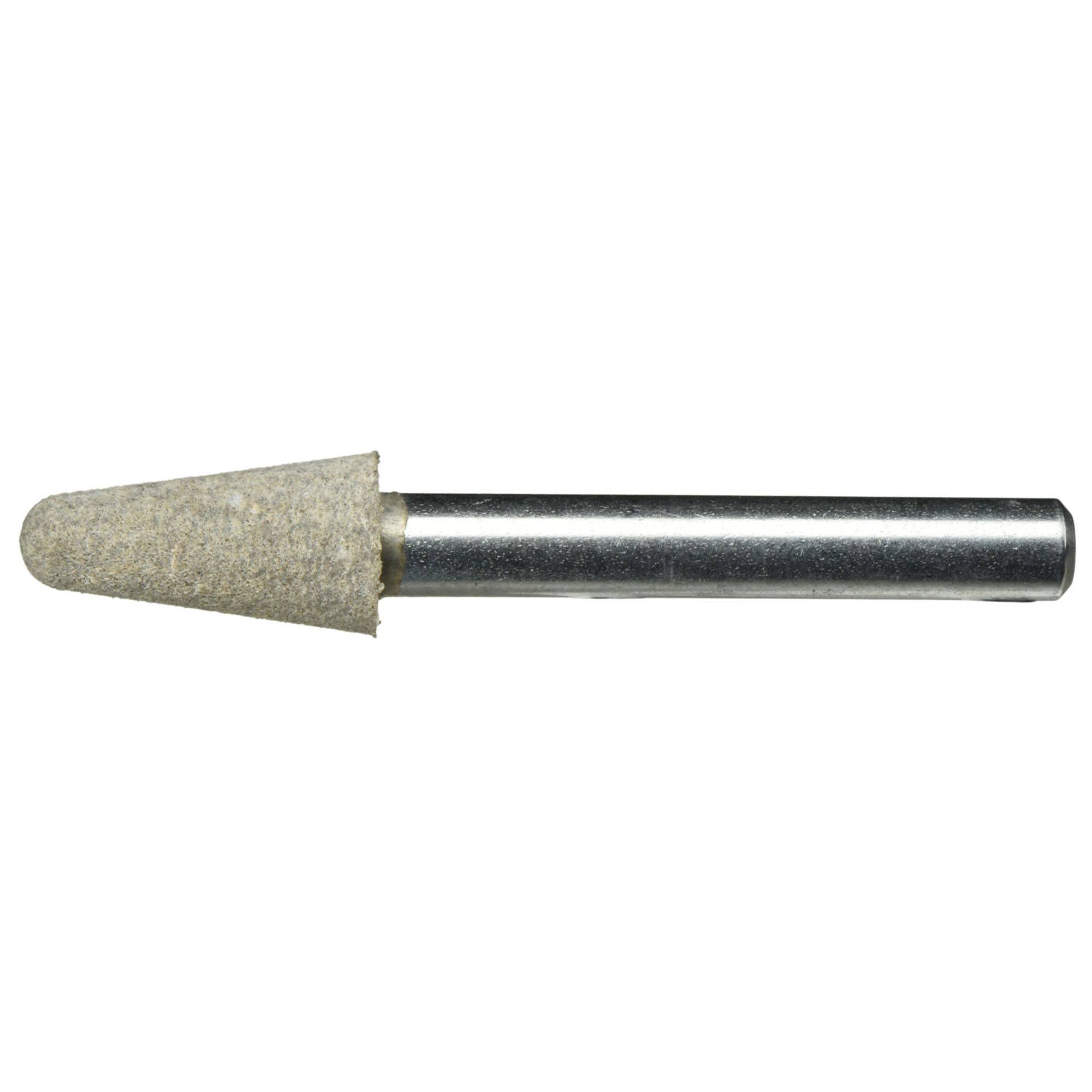 Meule conique avec une tige métallique cylindrique, utilisée pour l'affûtage, l'ébavurage ou d'autres tâches de meulage de précision.