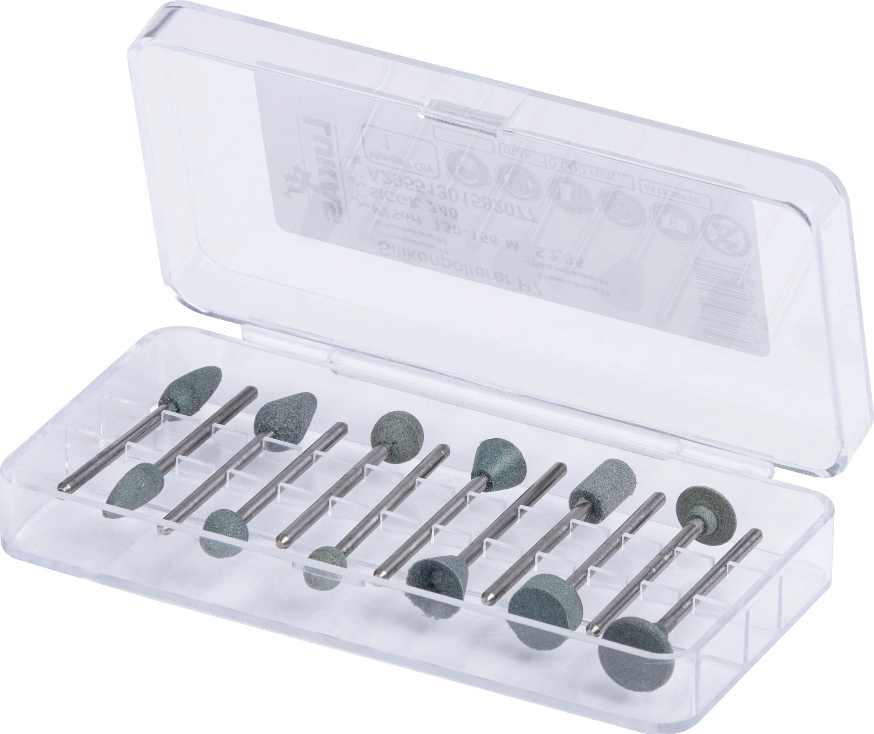 Un étui en plastique transparent contenant divers embouts de meulage verts ronds et cylindriques utilisés pour polir et poncer des surfaces.