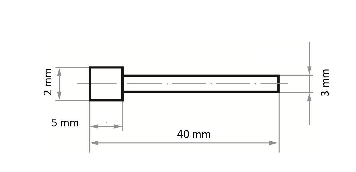 Dessin technique d'une tige cylindrique avec dimensions : longueur 40 mm, diamètre 3 mm. Le bouchon d'extrémité fait 5 mm de long et 2 mm d'épaisseur.