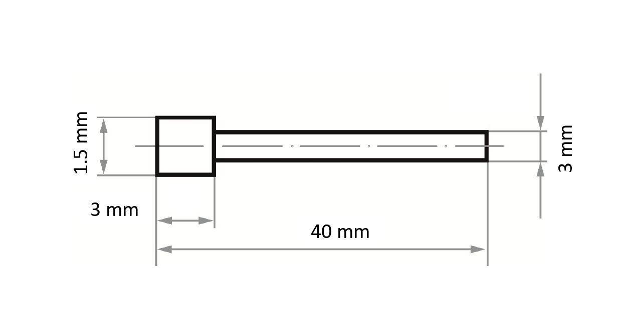 Un schéma technique représente une tige horizontale avec les dimensions suivantes : longueur 40 mm, largeur 3 mm, profondeur 1,5 mm à une extrémité.