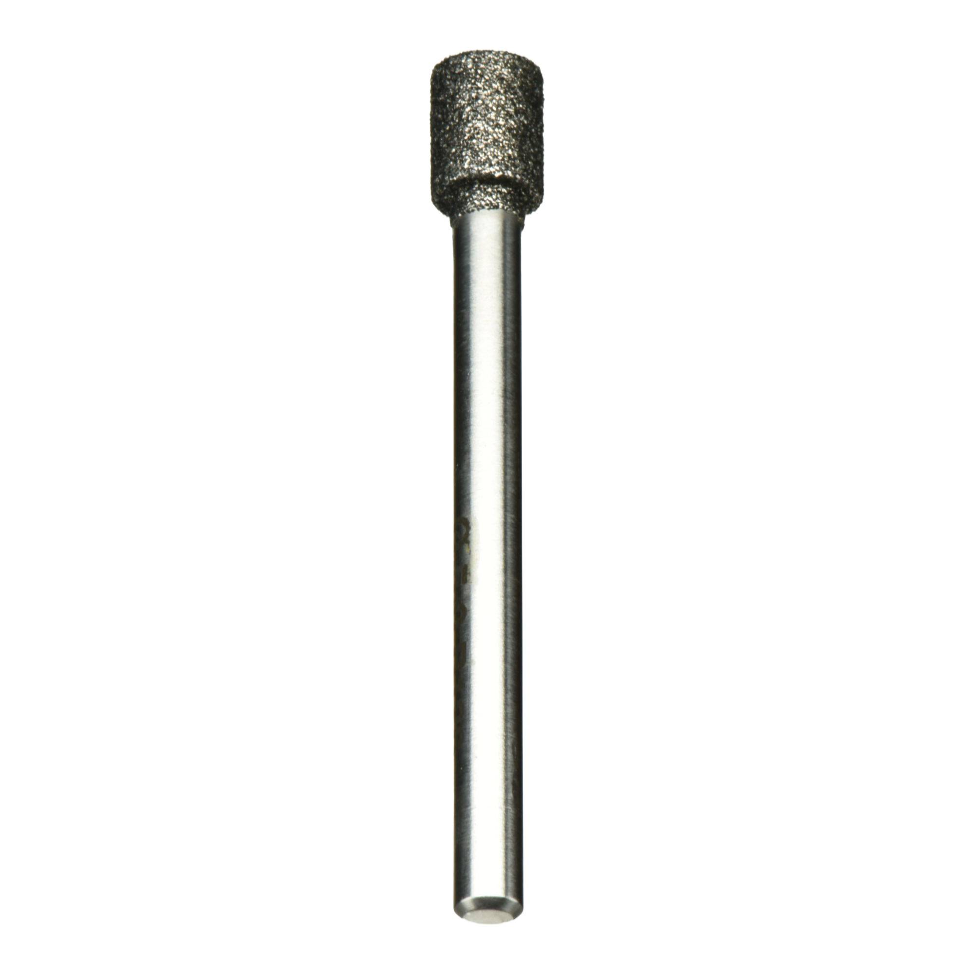 Un foret de meulage cylindrique en métal avec une surface texturée rugueuse, monté sur une tige métallique longue et lisse, adapté aux tâches de meulage de précision.