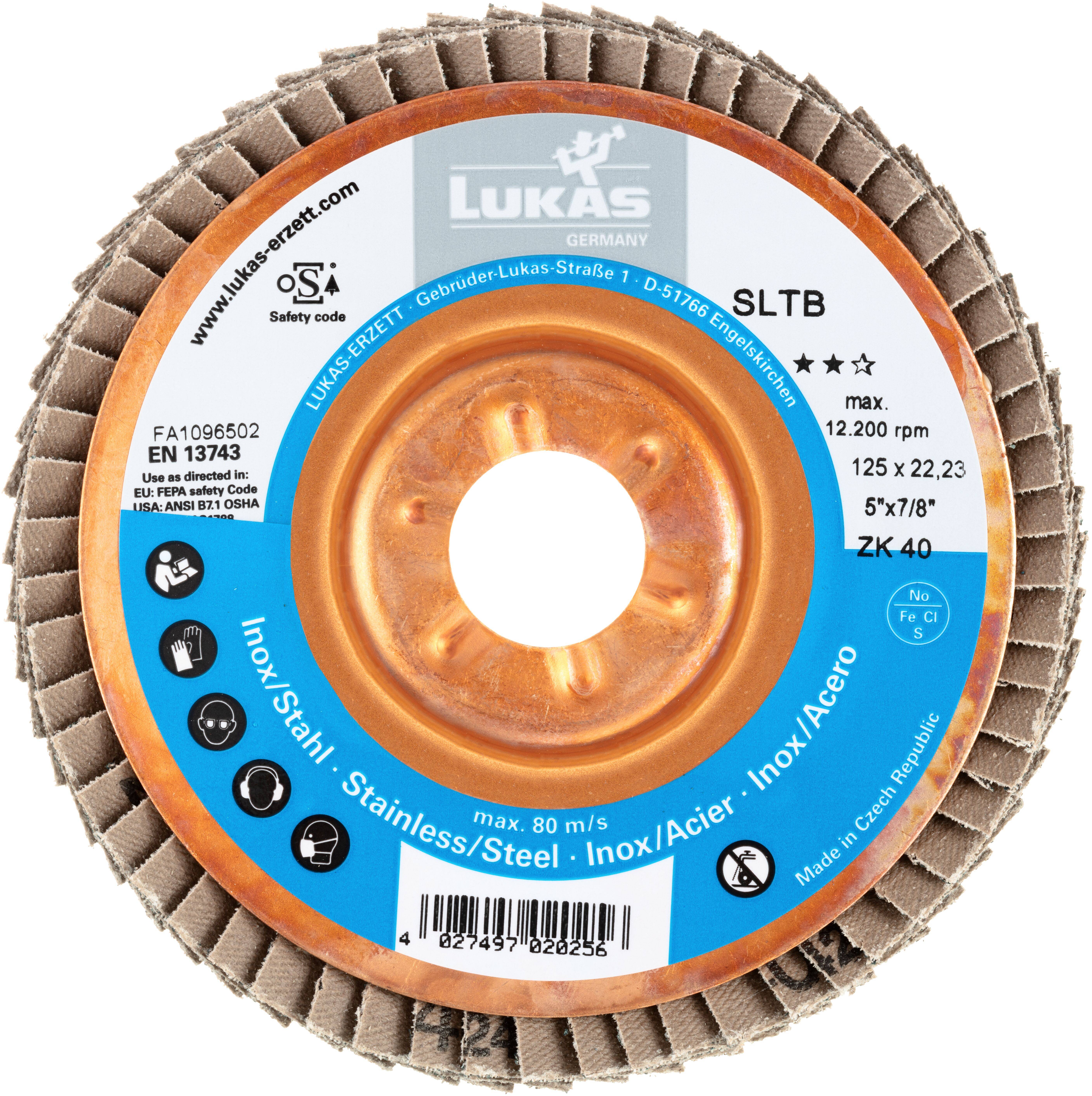 Disque abrasif à lamelles circulaire avec moyeu en cuivre portant l'étiquette 'LUKAS', conçu pour le polissage de l'acier inoxydable à une vitesse maximale de 12 200 tr/min.