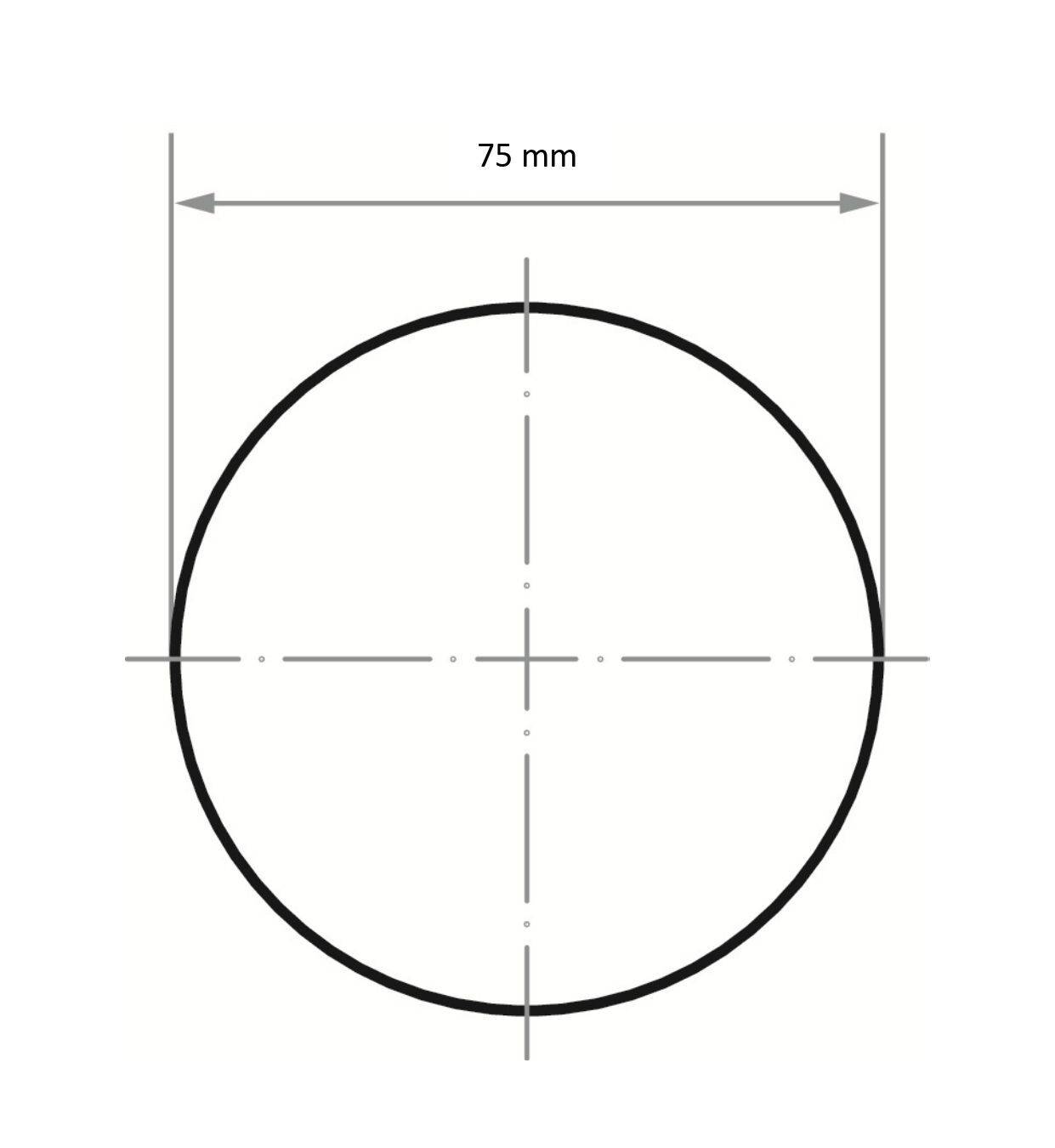 Un cercle avec un diamètre étiqueté « 75 mm », centré avec des lignes de visée, et des flèches indiquant la mesure au-dessus.