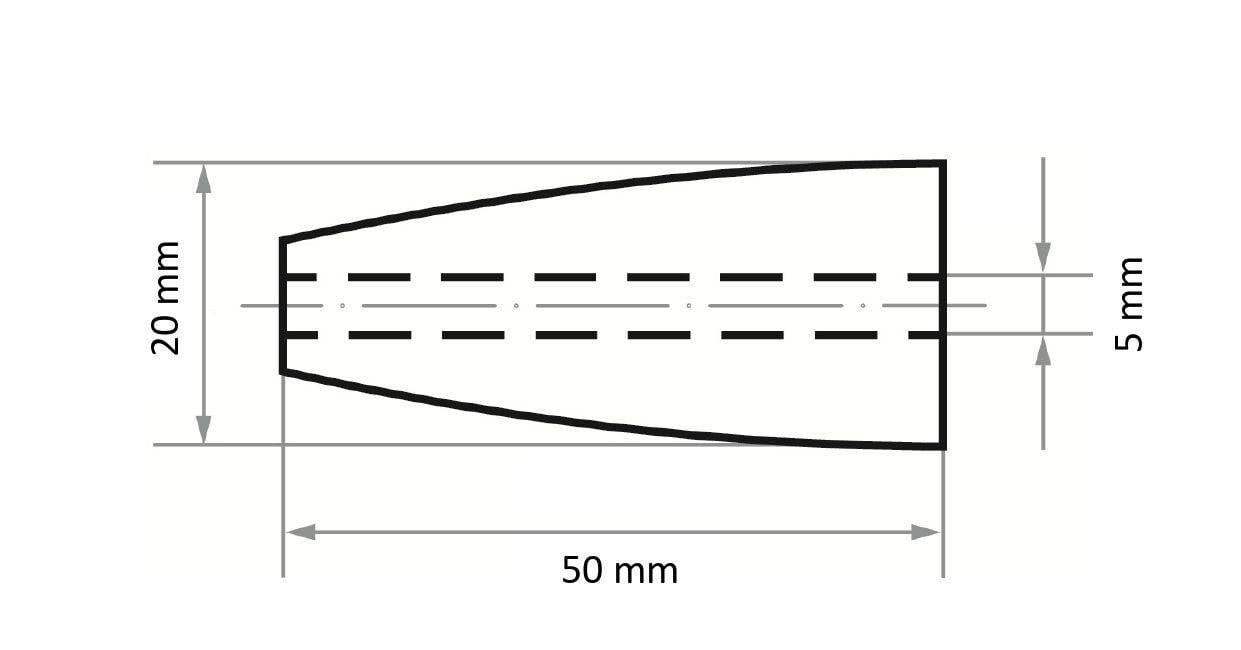 Dessin technique d'un objet conique :<br>- Longueur totale : 50 mm<br>- Largeur à la base : 20 mm<br>- Largeur au sommet : 5 mm<br>- Forme : Progressivement rétréci du bas vers le haut