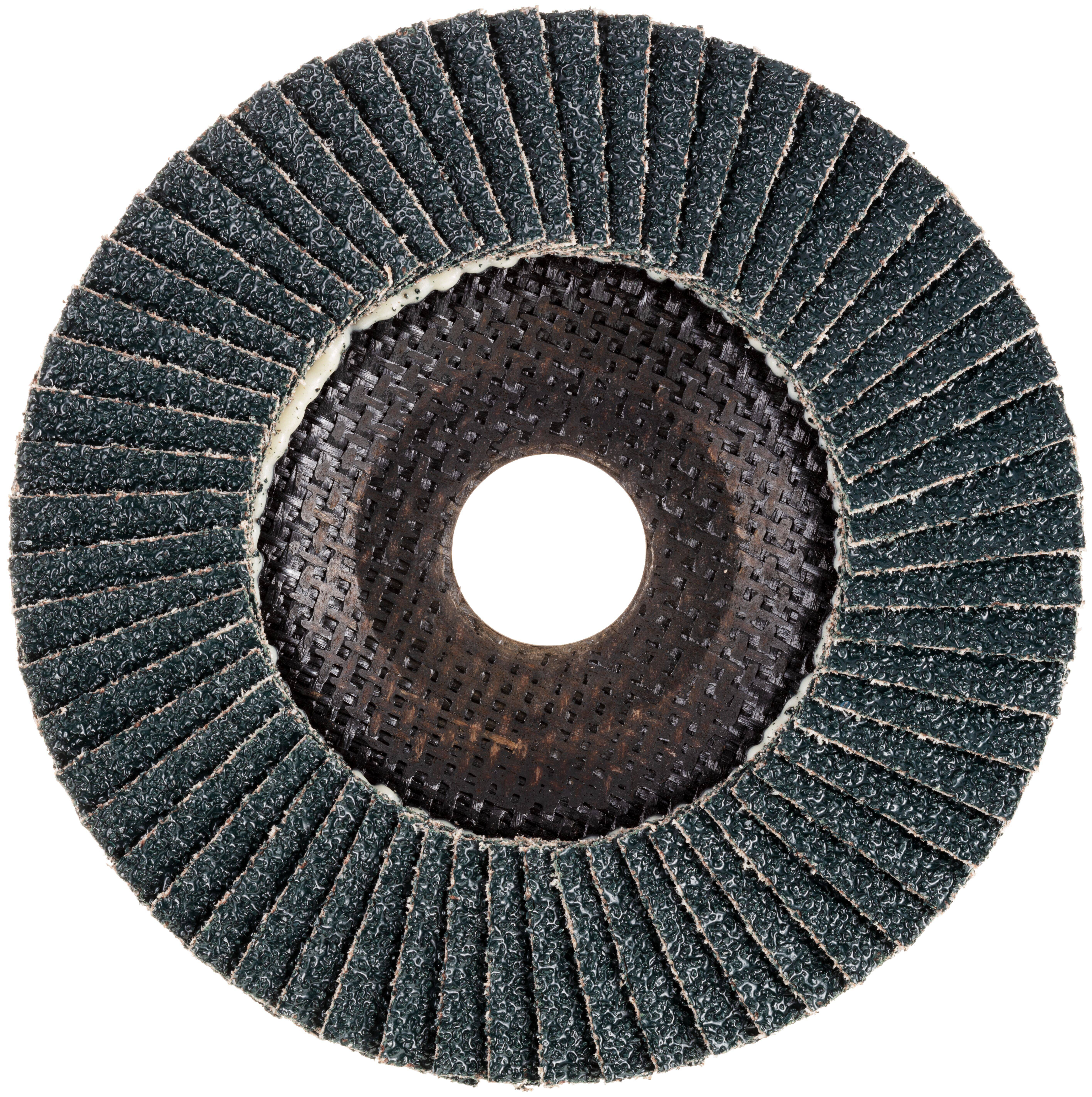 Un disque abrasif à lamelles, rond et texturé, avec un trou central, utilisé pour le meulage et la finition des surfaces en métallurgie et en travail du bois.