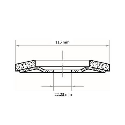 Schéma en coupe transversale d'un composant structural montrant les couches d'isolation. La largeur totale est étiquetée à 115 mm et la largeur du noyau à 22,23 mm.