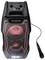 Un haut-parleur Sharp X-Party noir et élancé, doté d'accents rouges illuminés et d'un microphone connecté, conçu pour une sortie audio de haute qualité.