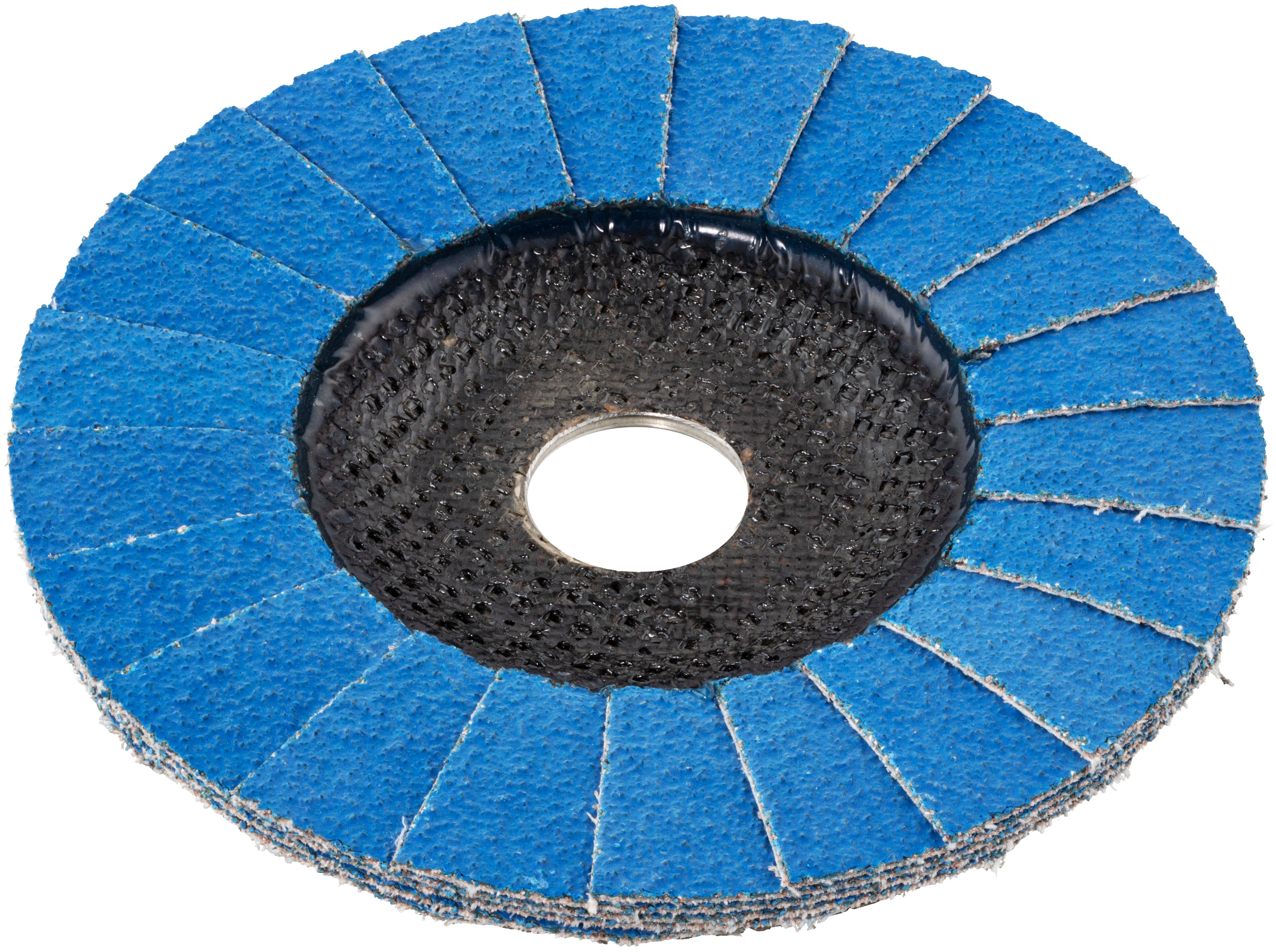 Un disque abrasif à lamelles bleu de forme circulaire, avec des sections segmentées et un trou central, utilisé pour le meulage et la finition des surfaces.
