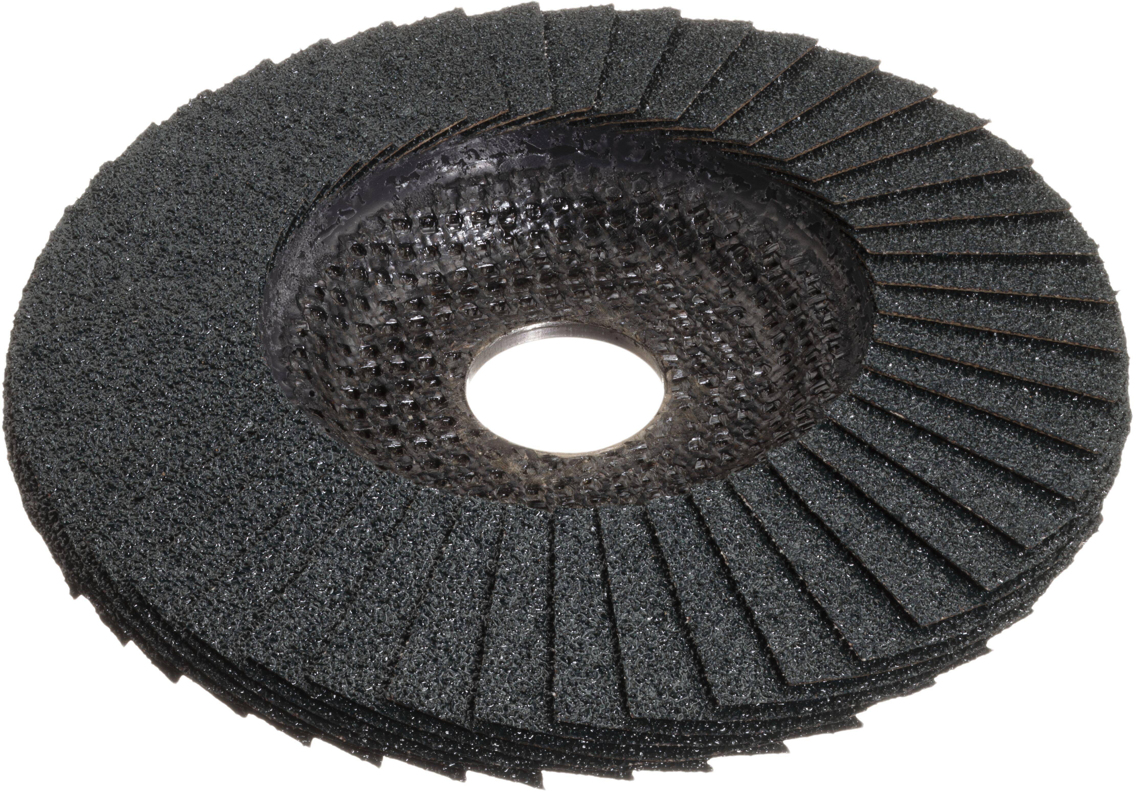 Un disque abrasif noir à lamelles, avec une surface striée et un trou central, utilisé pour lisser les surfaces métalliques ou en bois dans des applications industrielles.