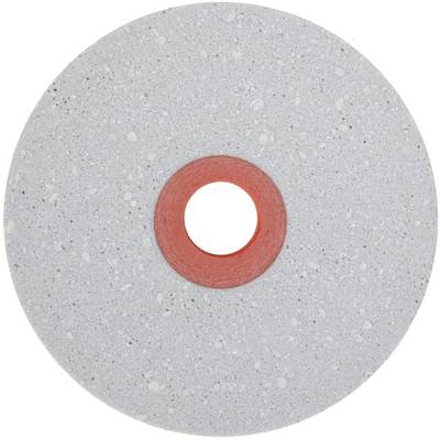 Une meule abrasive ronde avec une surface texturée grise et un centre circulaire rouge, utilisée pour meuler et affûter des outils.