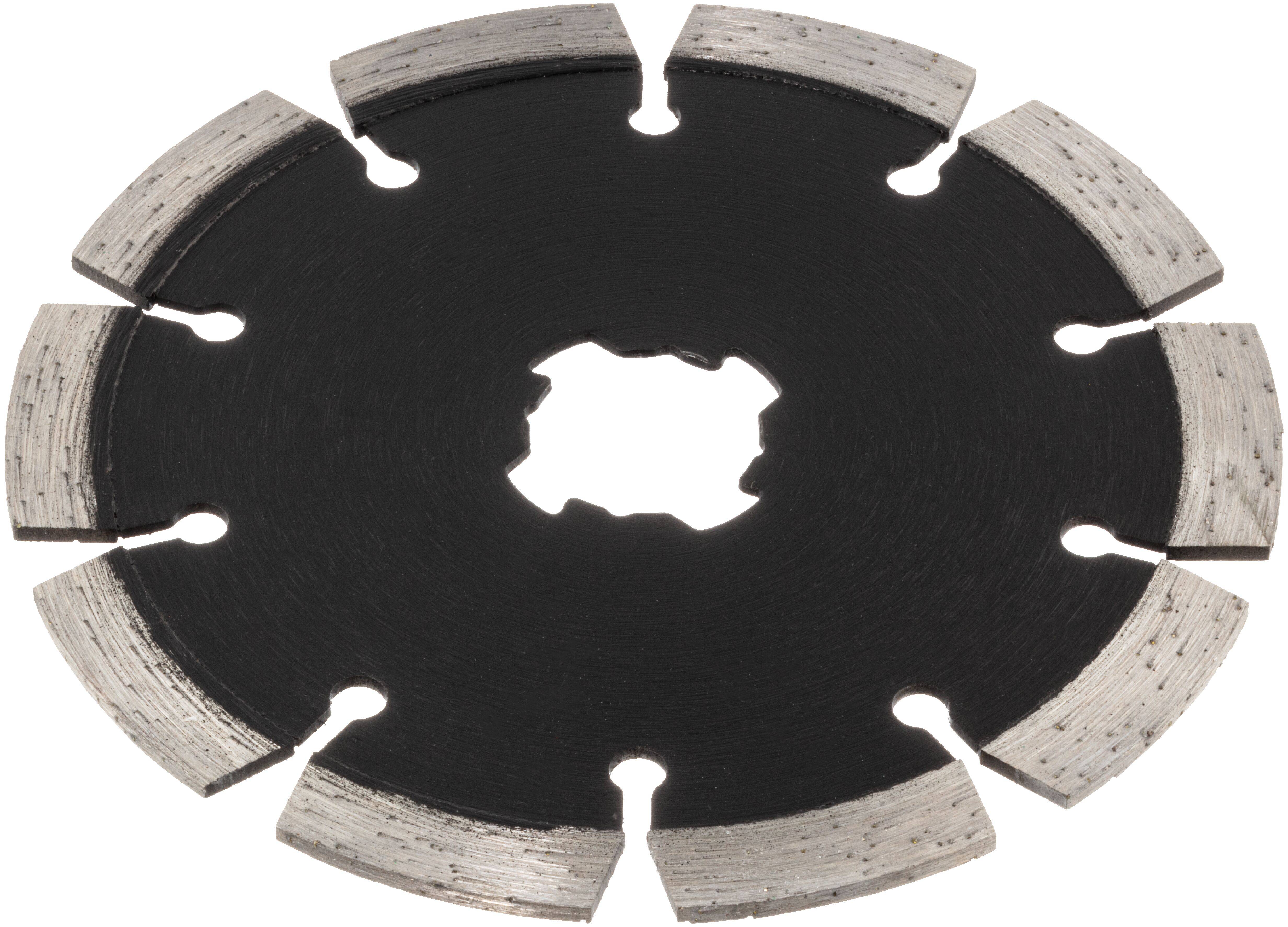 Une lame de scie circulaire segmentée avec huit sections alternant entre noir et argent, utilisée pour couper différents matériaux.
