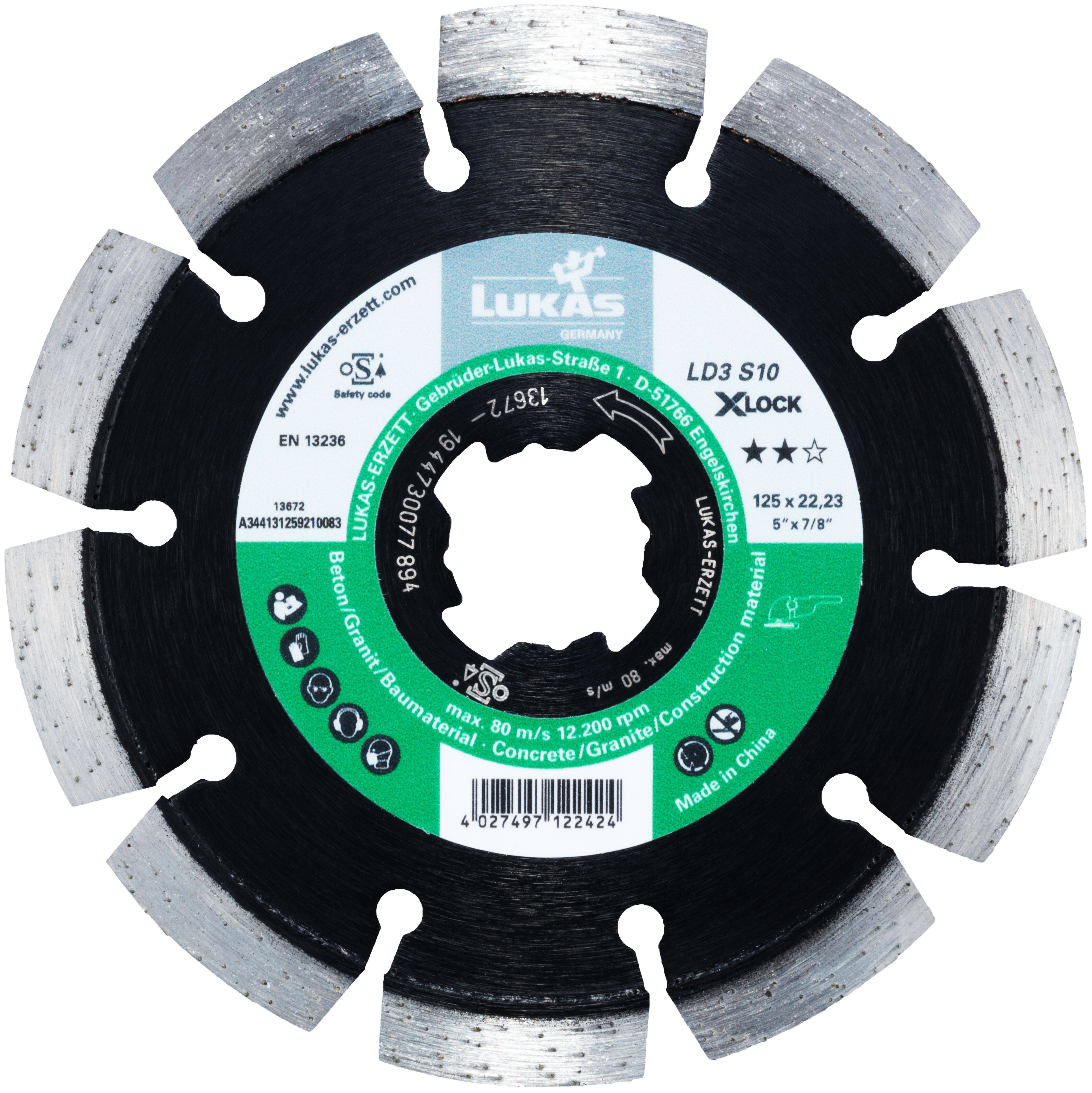 Une lame de scie circulaire segmentée, étiquetée 'LUKAS LD3 S10 XLOCK', conçue pour couper le béton et le granit, présentant des spécifications techniques.