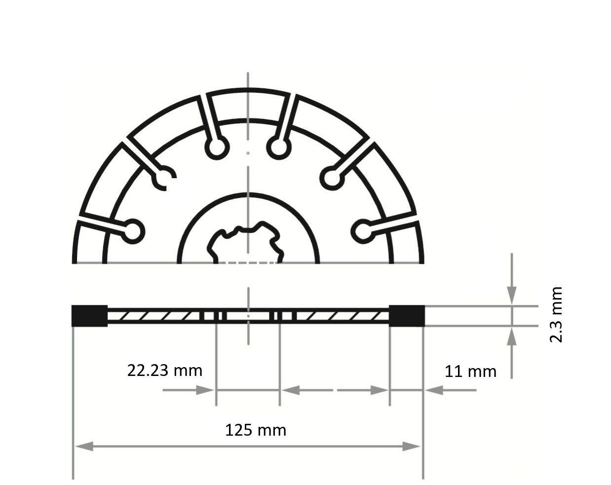 Schéma d'une lame de scie circulaire avec dimensions : diamètre 125 mm, épaisseur 2,3 mm, alésage 22,23 mm, et hauteur de segment 11 mm.