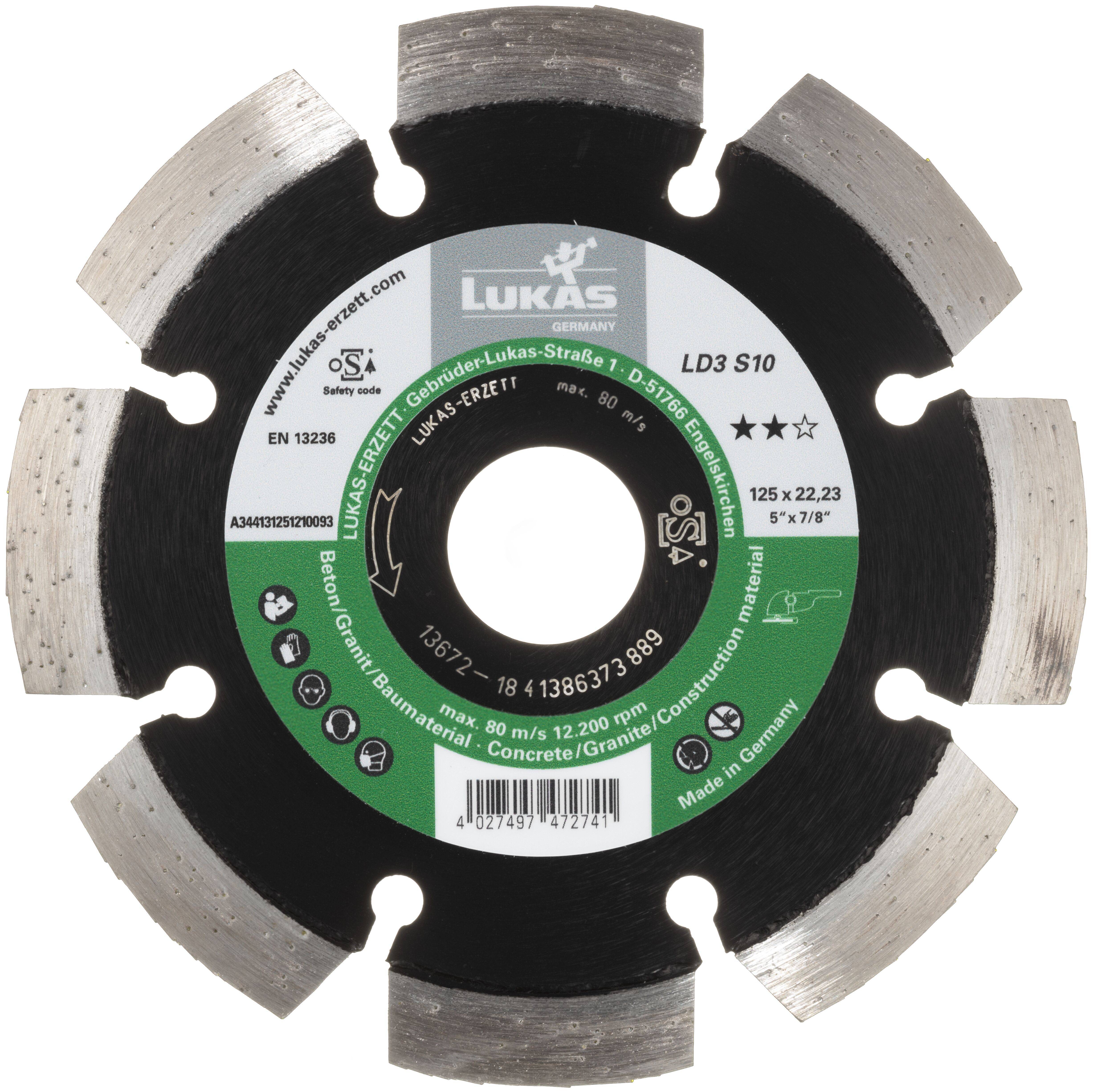 Une lame de scie circulaire avec des dents en métal, portant l'étiquette « Lukas Germany », pour couper le béton et le granit, diamètre de 125 mm, vitesse maximale de 7 200 tr/min.