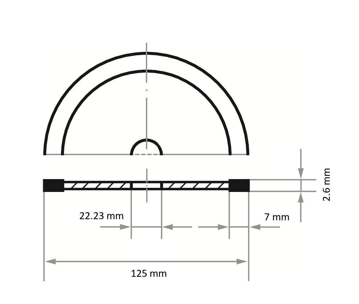 'Diagramme d'une forme semi-circulaire avec dimensions : 125 mm de largeur, 22,23 mm et 7 mm de profondeur, épaisseur de 2,6 mm.'