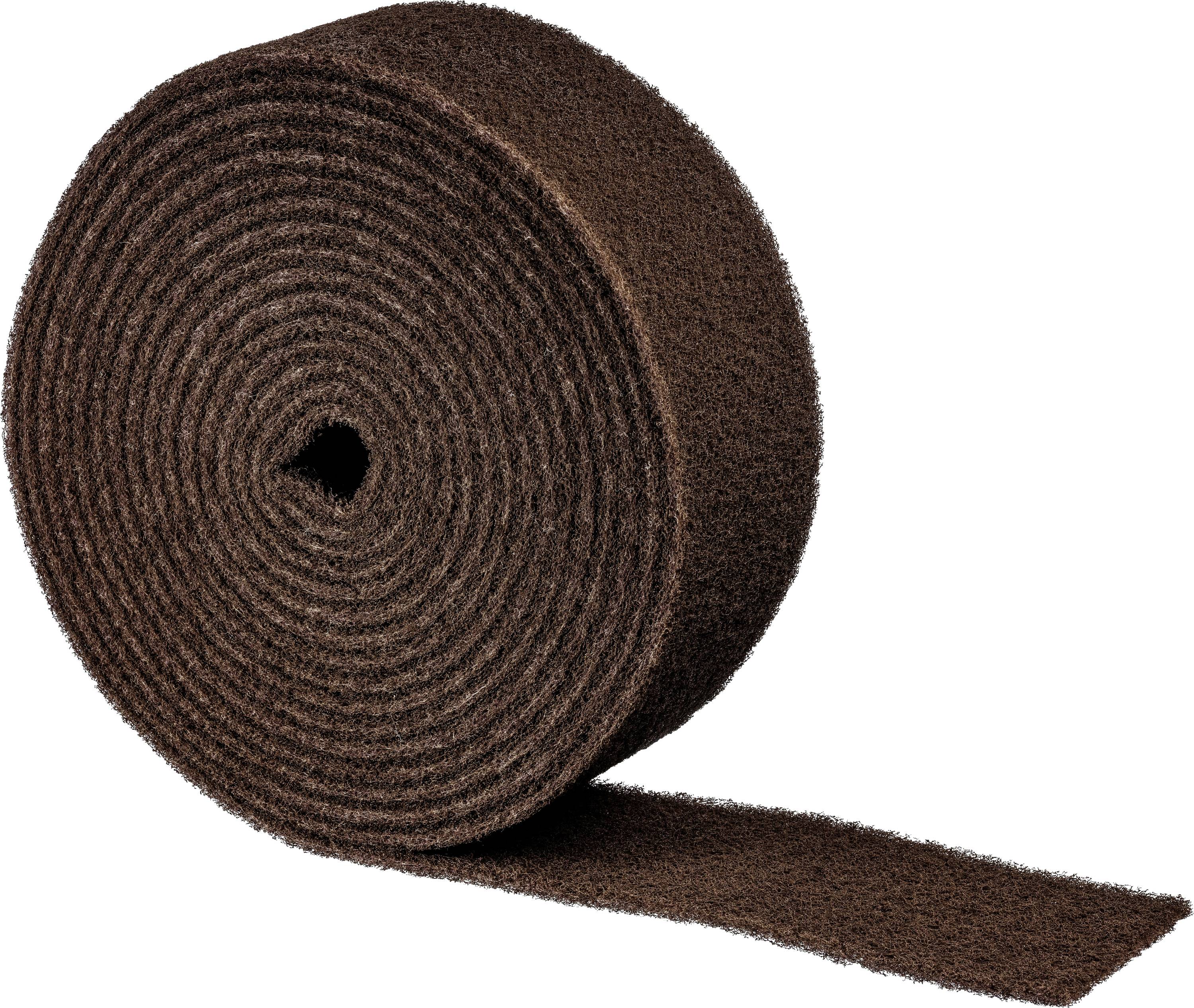 Un rouleau de matériau abrasif brun, utilisé pour poncer et polir les surfaces, avec une longueur de matériau déroulée.
