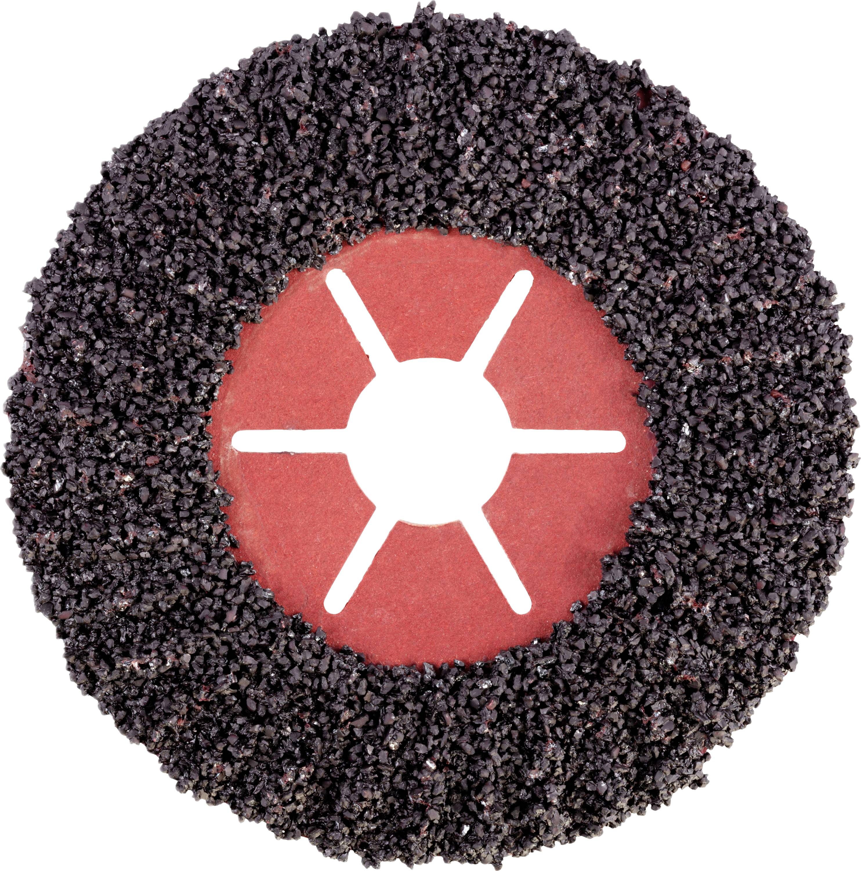 Une meule abrasive ronde à surface rugueuse et texturée, avec un trou central bordé d'un motif en étoile rouge.