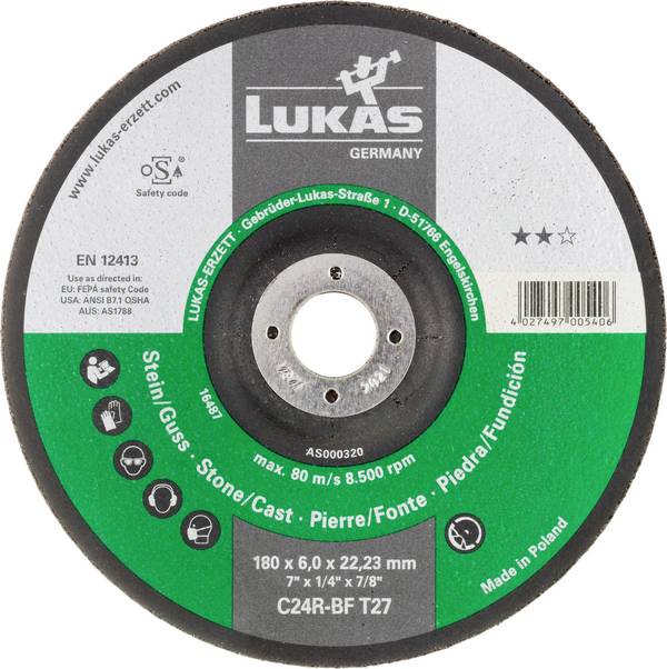 LUKAS-ERZETT AS000320V9802 T27 180x6,0x22,23 Disque à ébarber Diamètre 180 mm Ø de perçage 22.23 mm Verre, Béton cellulaire, Fonte, Tuile, Fonte, Pierre, Céramique, Carbure de tungstène, Béton frais 10 pc(s)