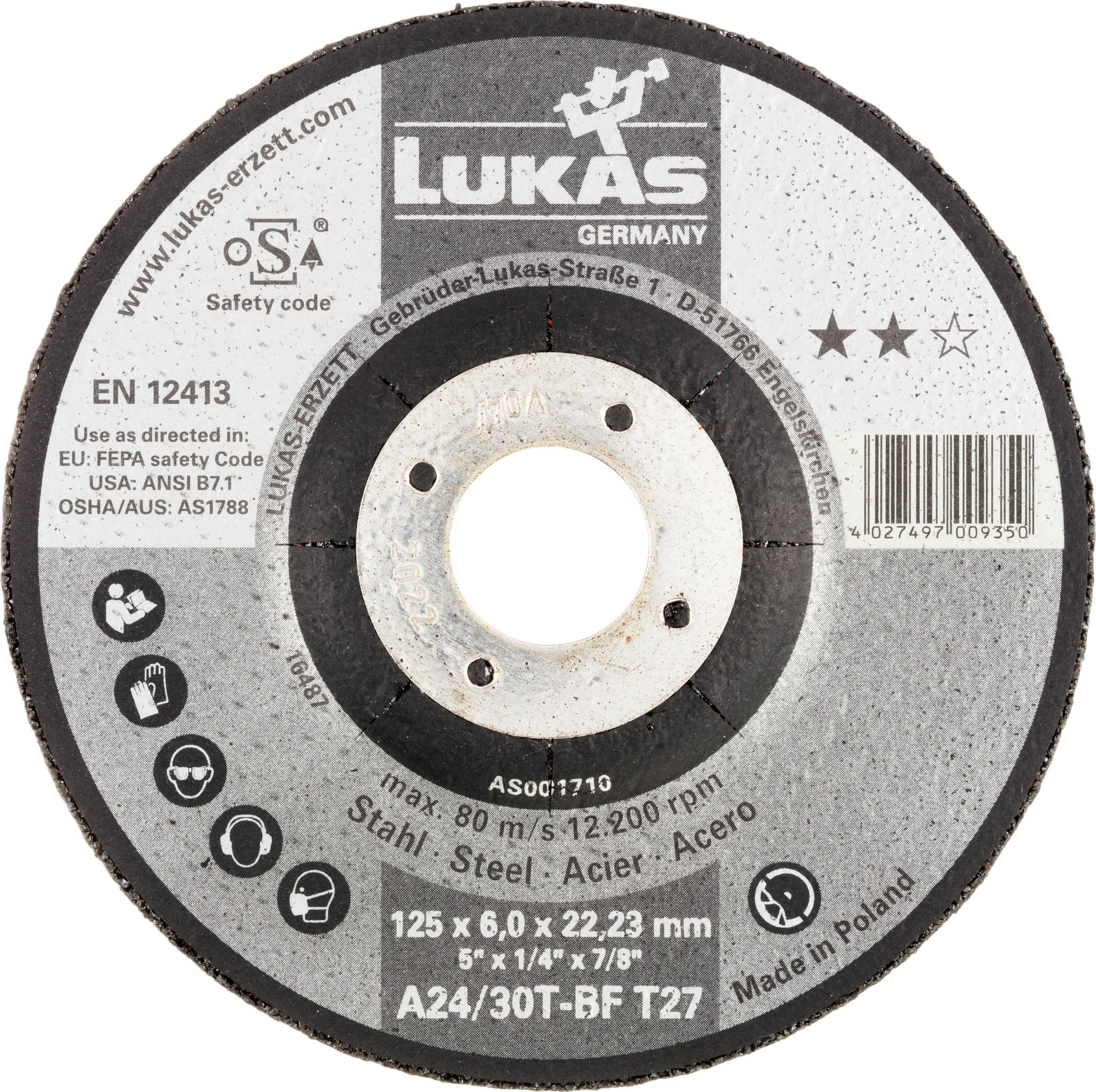 Un disque de coupe rond portant l'étiquette 'Lukas Germany', destiné à l'usinage des métaux. Caractéristiques techniques : 125x6,0x22,23 mm, vitesse maximale 12 200 tr/min.