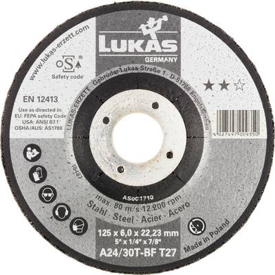 Un disque de coupe rond portant l'étiquette 'Lukas Germany', destiné à l'usinage des métaux. Caractéristiques techniques : 125x6,0x22,23 mm, vitesse maximale 12 200 tr/min.