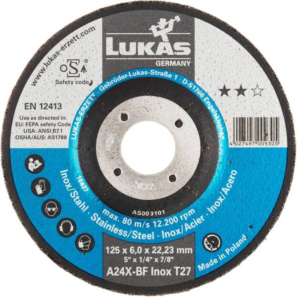 LUKAS-ERZETT AS003100V9802 T27 115x6,0x22,23 A24X-BF Disque à ébarber Diamètre 115 mm Ø de perçage 22.23 mm Fonte, Alliage à base de nickel, aluminium, acier inoxydable, Alliage d'aluminium, Acier coulé, Fonte, magnésium, Alliage de cuivre, INOX, Matériau en acier, Titane, acier inoxydable, acier, Alliage de titane, acier allié 10 pc(s)
