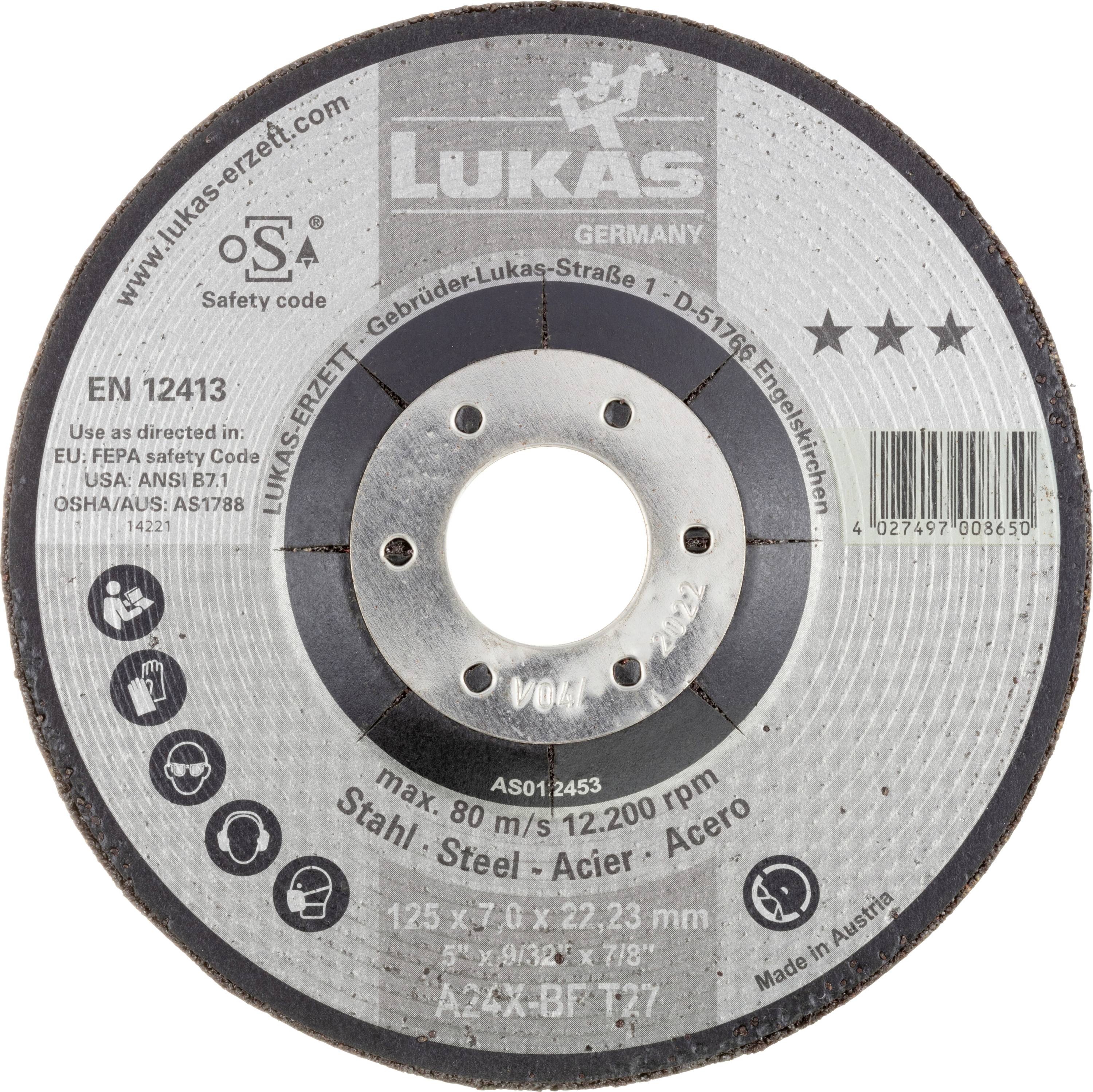 Un disque de meulage rond étiqueté 'Lukas' provenant d'Allemagne, avec des spécifications de sécurité et d'utilisation. Conçu pour la coupe de l'acier jusqu'à 12 200 tr/min.