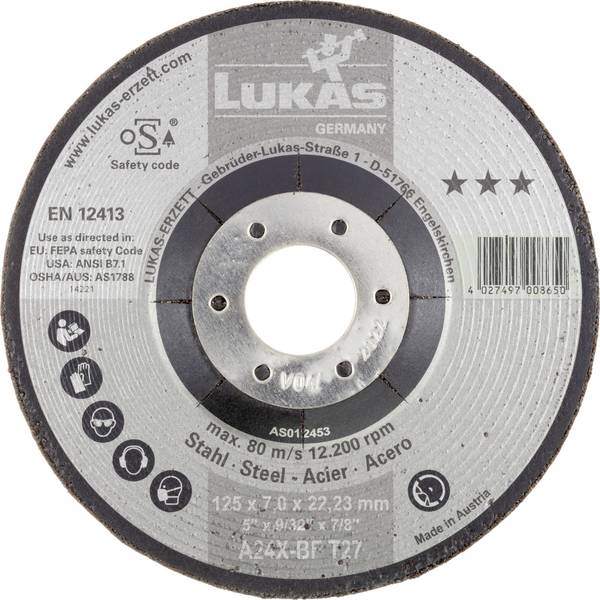 LUKAS-ERZETT AS012453V9802 T27 125x7,0x22,23 Disque à ébarber Diamètre 125 mm Ø de perçage 22.23 mm acier, métal, acier inoxydable, Acier de construction, acier allié, Acier coulé 10 pc(s)