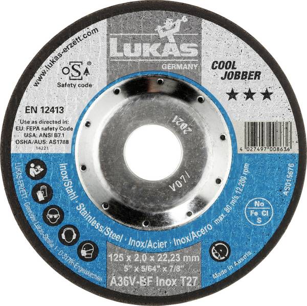 LUKAS-ERZETT AS015676V9802 T27 125x2,0x22,23 A36V-BF Disque à ébarber Diamètre 125 mm Ø de perçage 22.23 mm Alliage de cuivre, Alliage de titane, Fonte, magnésium, Alliage à base de nickel, acier allié, Alliage d'aluminium, Titane, aluminium, Acier moulé, acier inoxydable, acier, acier inoxydable, Fonte 25 pc(s)