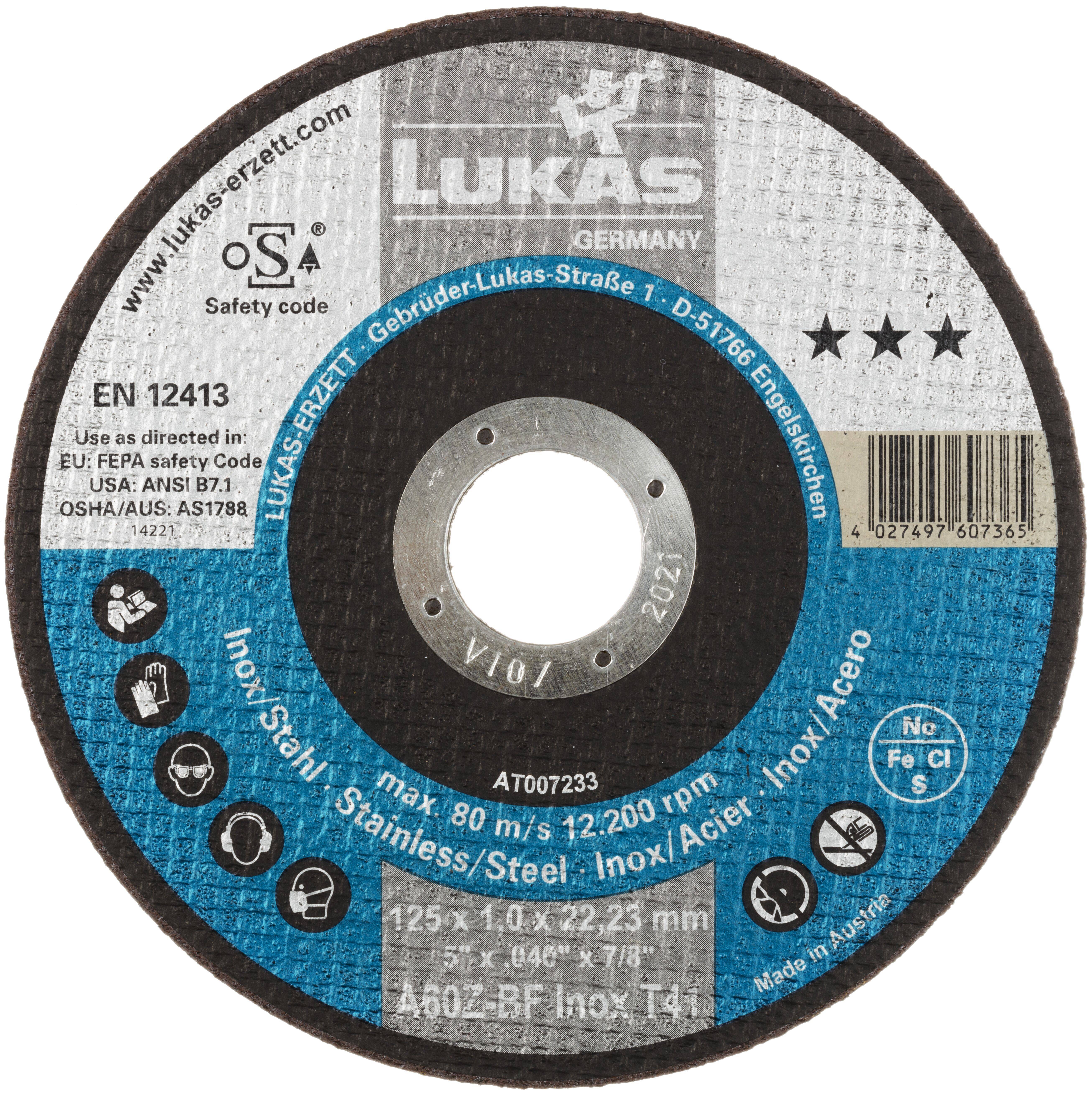 LUKAS-ERZETT T41 125x1,0x22,23 A60Z-BF AT007233V9802 Jeu de disque à tronçonner 125 mm 50 pc(s) acier inoxydable-0