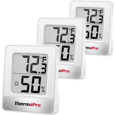 Trois thermomètres numériques affichent '72,3 °F' en haut et '50 %' d'humidité en dessous, avec une icône de visage souriant. Marqués « ThermoPro ».