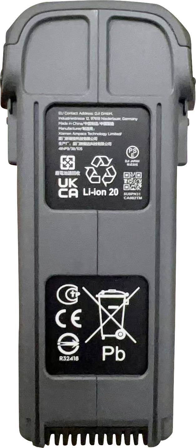 Pack de batterie avec marquages CE, UKCA et symboles de recyclage. Avertissements : Li-ion, ne pas jeter aux ordures. Modèle : Li-ion 20, R3246.