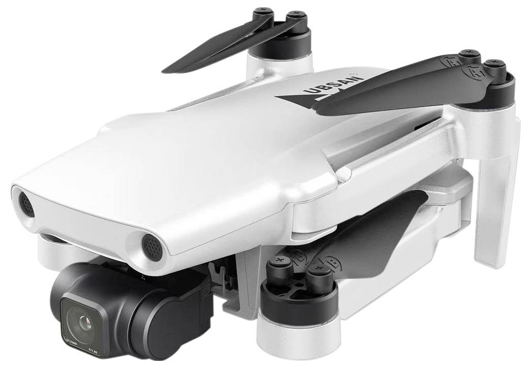 Un drone compact, argenté, avec une caméra fixée en dessous, conçu pour la photographie aérienne et l'enregistrement vidéo.