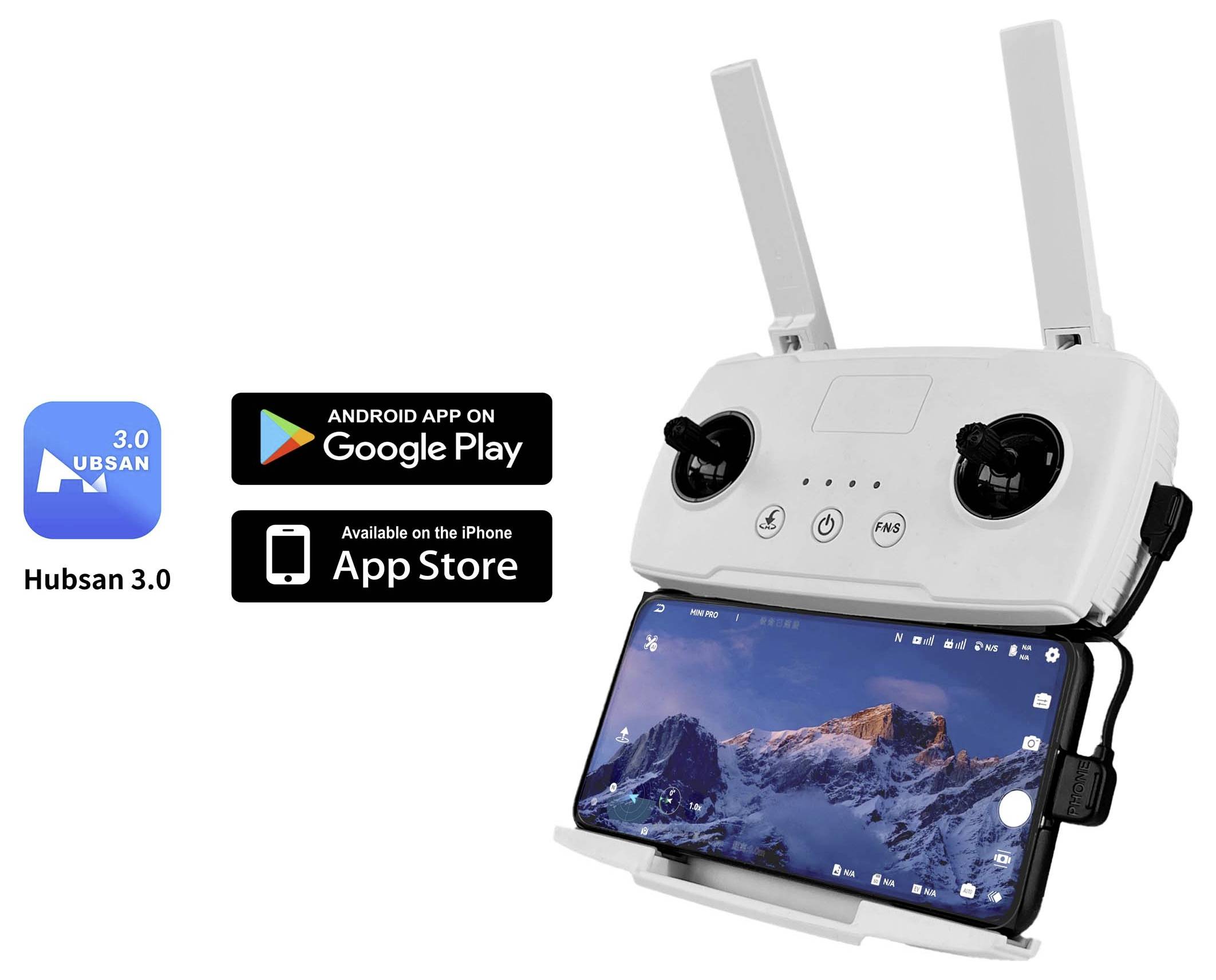 Un dispositif de télécommande avec un smartphone attaché, affichant un paysage de montagne. Les icônes de l'App Store suggèrent un téléchargement d'application.