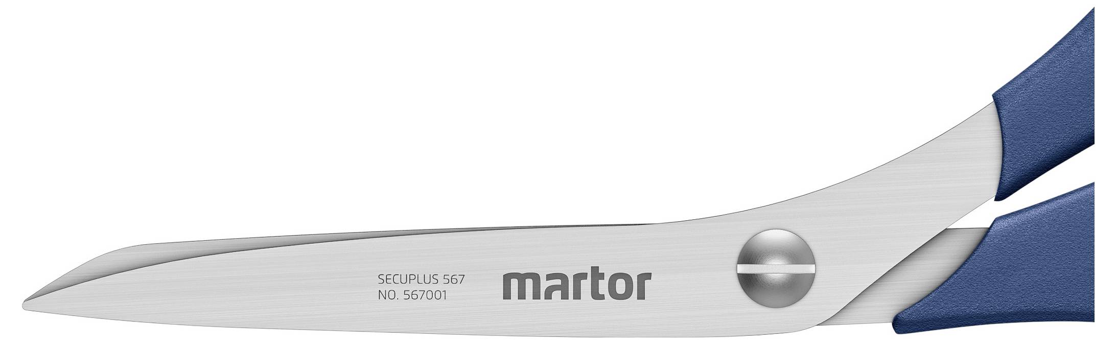 Ciseaux aux lames courbes et aux manches bleus, de la marque 'martor', conçus pour des tâches de coupe précises, présentés de profil.