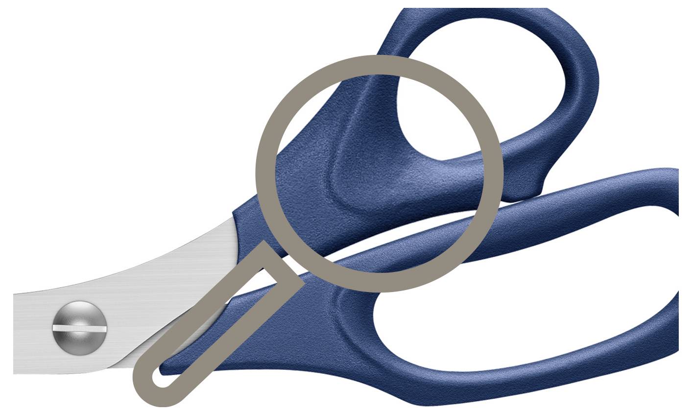 Gros plan sur les poignées de ciseaux bleues avec un effet de loupe mettant en valeur la texture détaillée.
