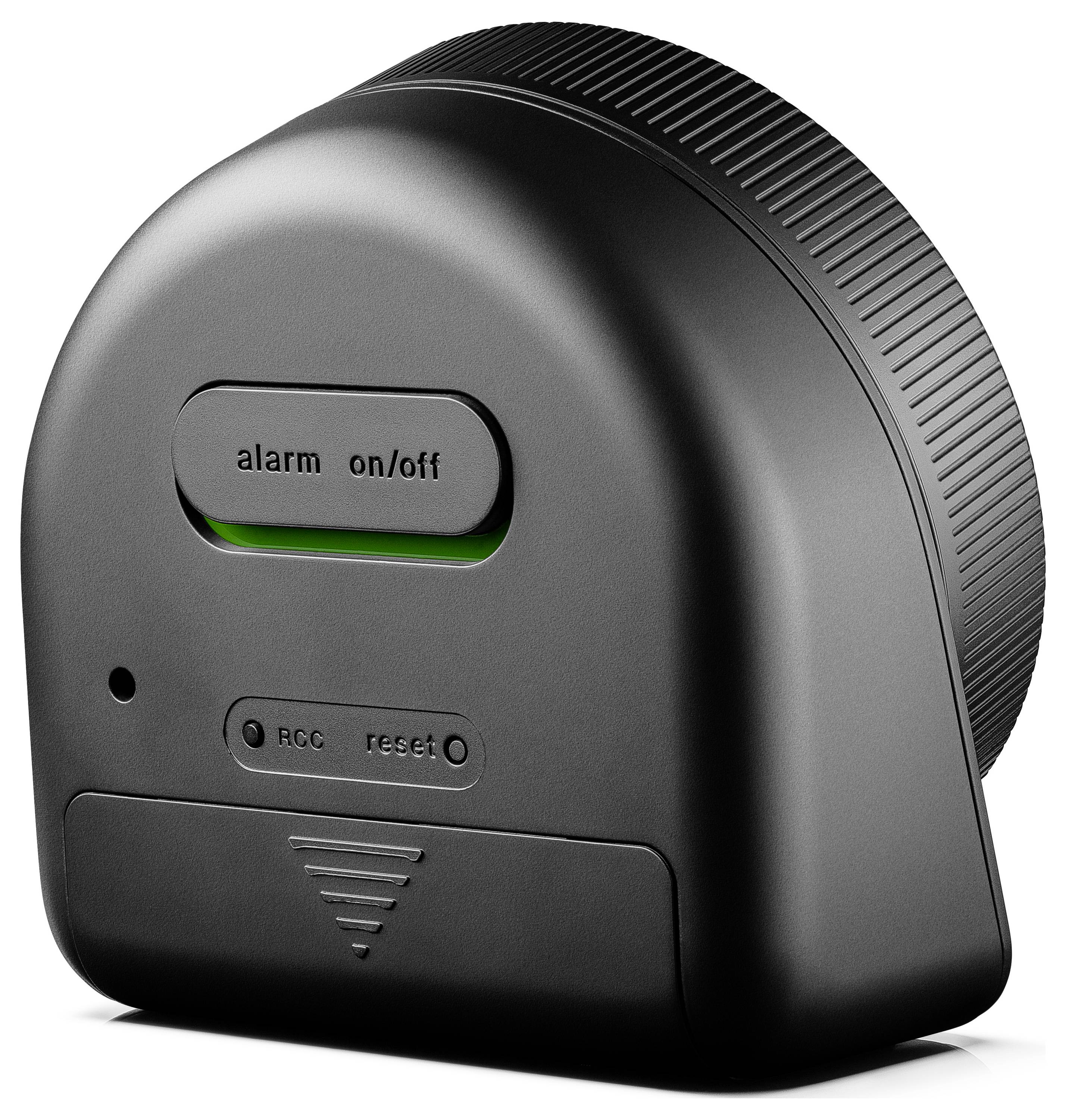 Un minuteur numérique noir avec un bouton marche/arrêt de l'alarme, un bouton de réinitialisation et un grand bouton rotatif pour régler le temps.