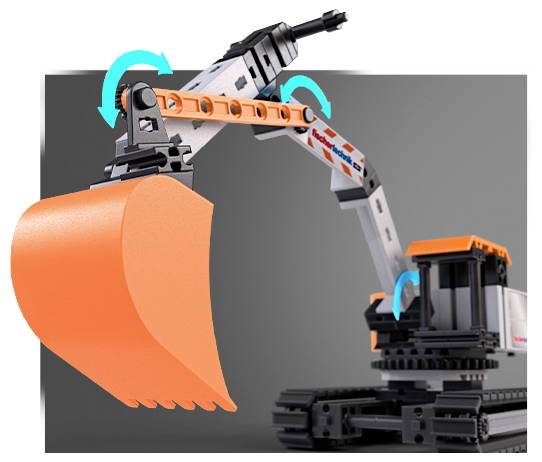 Un modèle de pelle mécanique miniature avec un seau orange et un bras mobile, démontrant ses capacités de rotation à l'aide de flèches bleues.