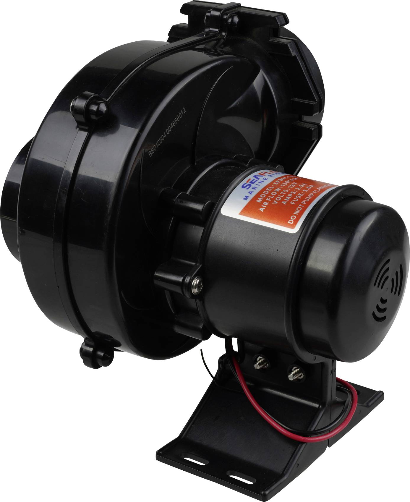 Un souffleur électrique noir avec une étiquette sur le côté est monté sur une base. Le souffleur a un moteur cylindrique et plusieurs fixations.