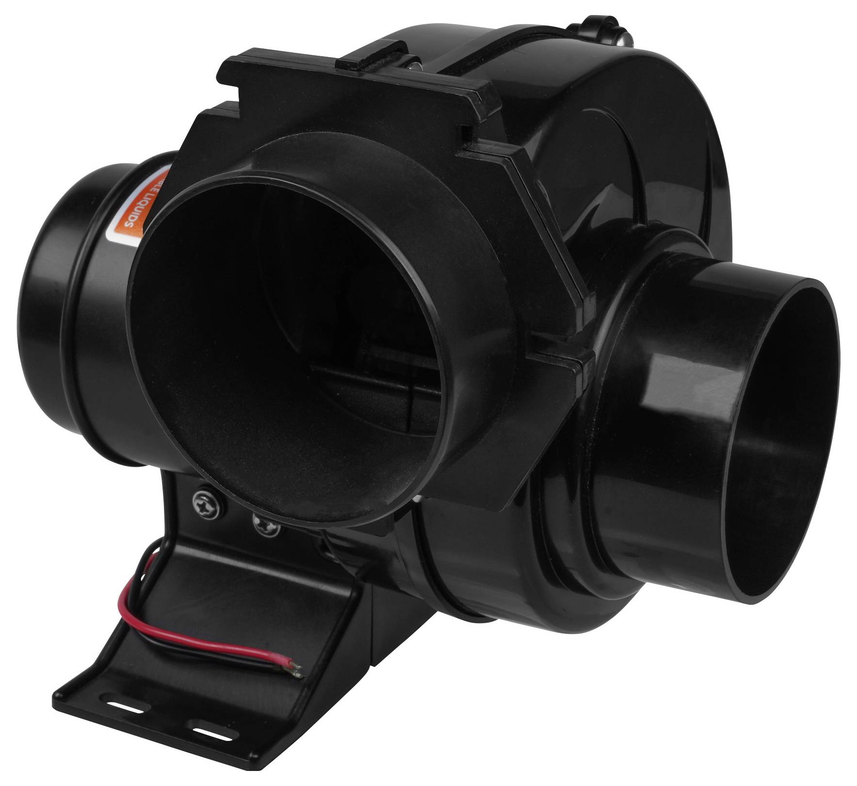 Un ventilateur de gaine en ligne noir avec support de montage et des fils électriques rouges et noirs, conçu pour les systèmes de ventilation.