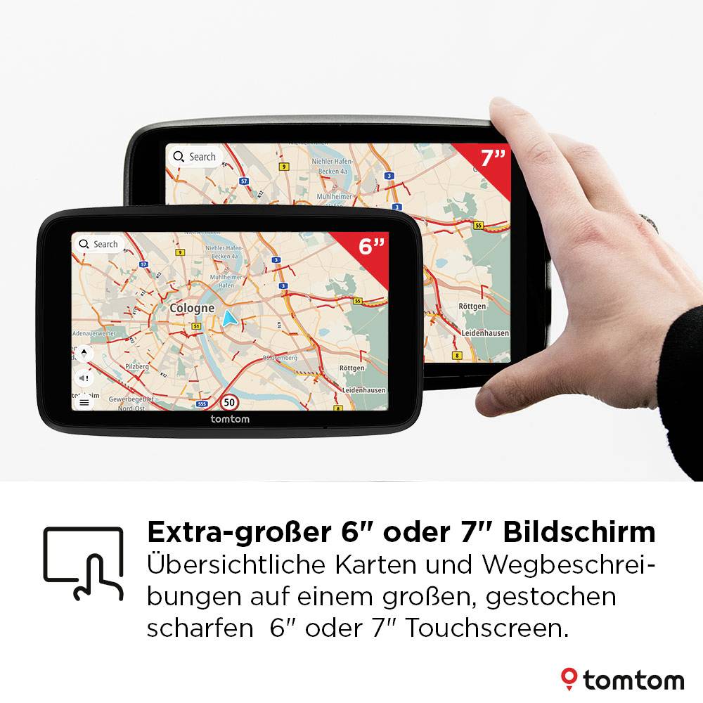 Une main tient un appareil GPS affichant une carte avec Cologne marquée. Le texte indique : « Écran extra-large de 6" ou 7" ». Logo TomTom visible.