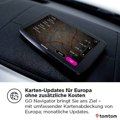 Un appareil GPS affiche une carte numérique avec des options d'itinéraire sur le tableau de bord d'une voiture. Le texte ci-dessous promeut les mises à jour de cartes européennes sans frais supplémentaires.