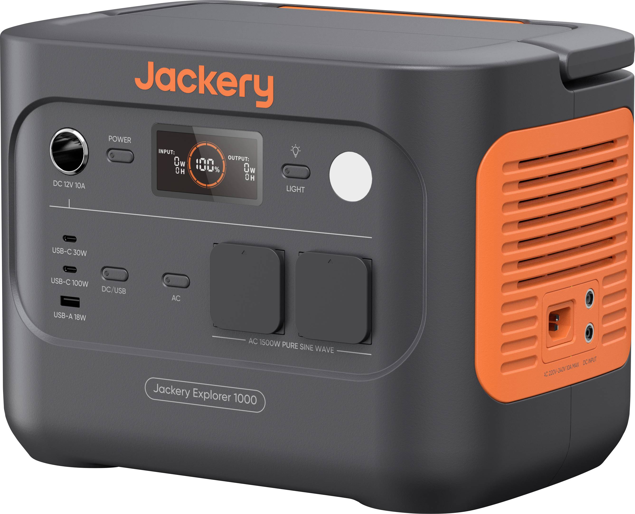 Une station d'alimentation portable étiquetée 'Jackery Explorer 1000' avec plusieurs ports de sortie, comprenant USB, AC et DC, et un écran LCD.
