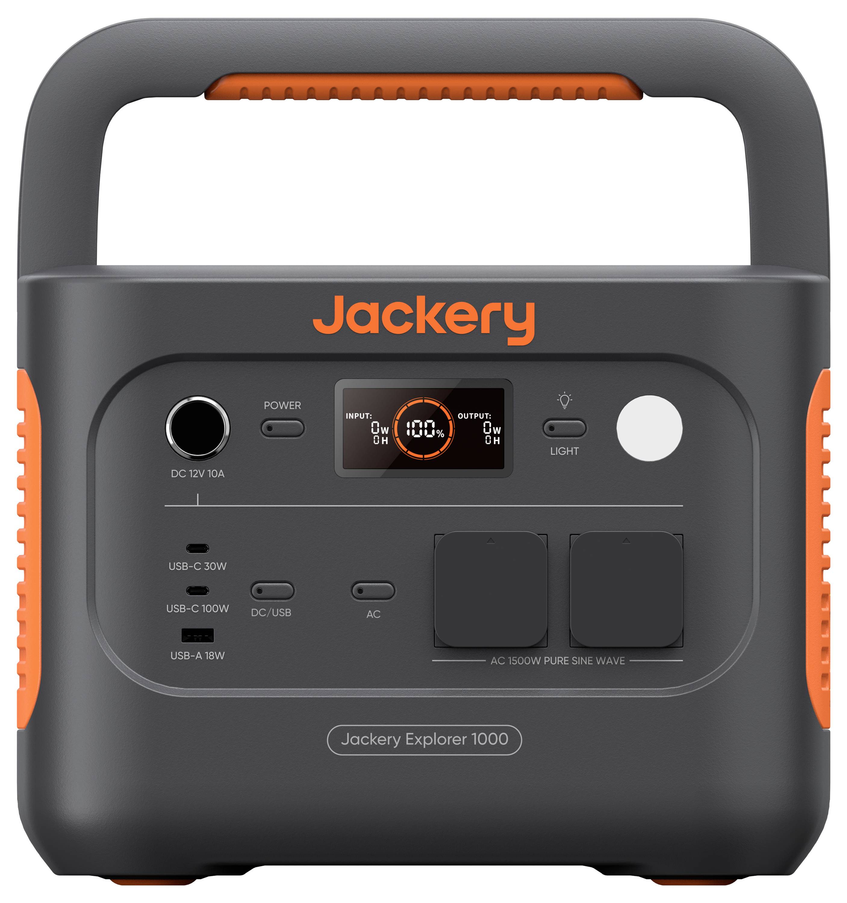 Station d'alimentation portable avec un affichage numérique indiquant le niveau de batterie. Comprend plusieurs ports USB-C, USB-A et une sortie secteur AC.
