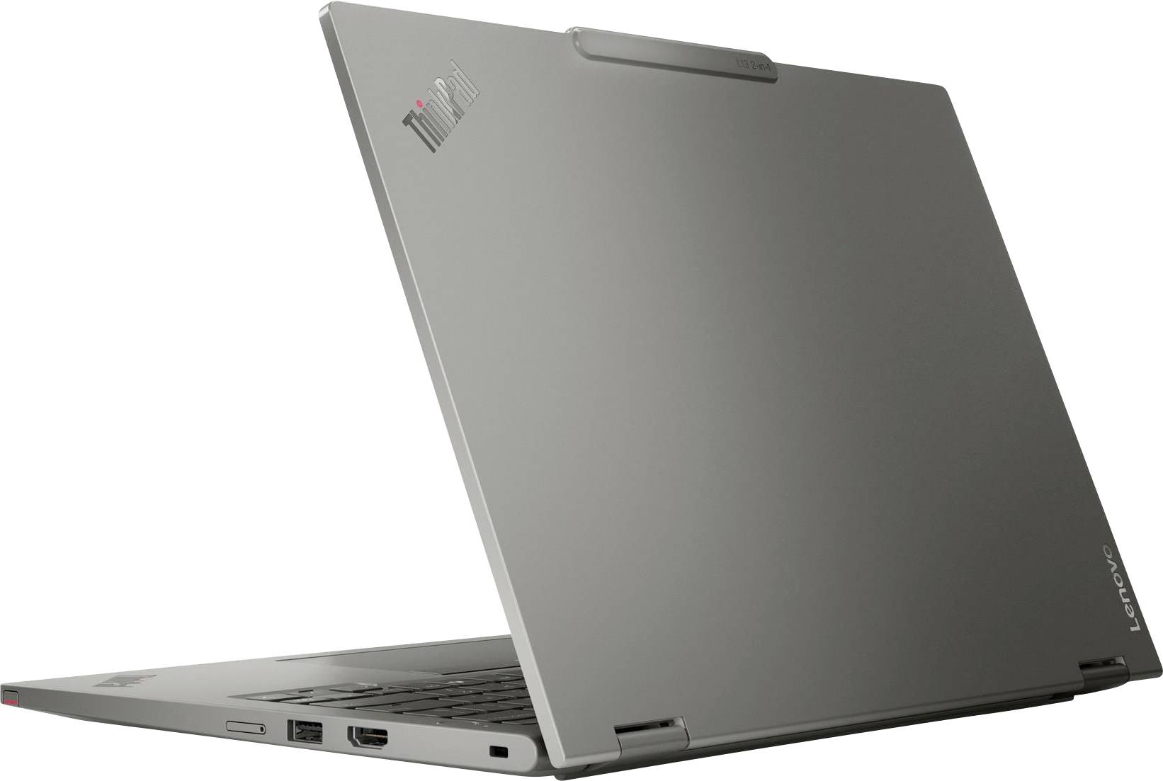 Un ordinateur portable Lenovo ThinkPad gris, partiellement ouvert, montrant son dos avec des ports visibles sur le côté.