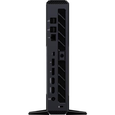 Une tour d'ordinateur noire verticale présentant plusieurs ports, dont USB, Ethernet, DisplayPort, HDMI et des connexions d'alimentation sur le côté.