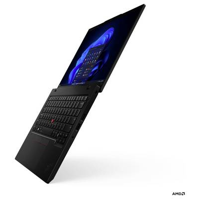 « Un ordinateur portable noir affichant un écran de bureau aux tons bleus, légèrement ouvert en diagonale, montrant son clavier et ses ports latéraux. »