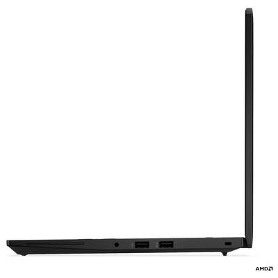 Un ordinateur portable en vue de profil, partiellement ouvert, montrant deux ports USB et un design élégant.