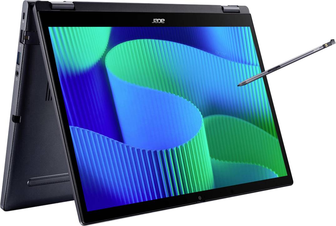 Un ordinateur portable convertible noir et argenté en mode tente affiche un motif d'onde abstraite vibrant en vert et bleu sur l'écran, avec un stylet suspendu à proximité.