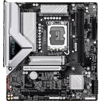 Une carte mère d'ordinateur présentant plusieurs emplacements et ports, avec des composants étiquetés tels qu'un socket de processeur, des slots de RAM et des dissipateurs thermiques.
