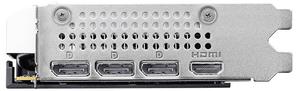 Panneau arrière d'une carte graphique montrant trois ports DisplayPort étiquetés 'DP' et un port HDMI.